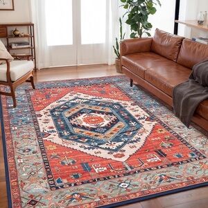 NEW Anthro Red Moroccan Aztec Boho Washable Multicolor Area Rug Carpet - 5' x 7'